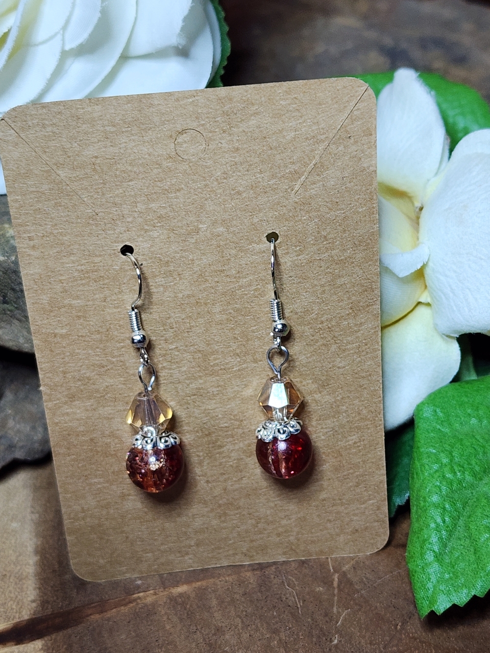 Handmade Dangle Earrings With Red and Champagne Crackled Glass Beads